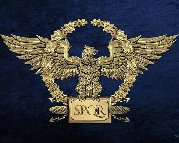 ‘treasures Of Rome’ Collection By Serge Averbukh Poster featuring the digital art Gold Roman Imperial Eagle - S P Q R Special Edition over Blue Velvet by Serge Averbukh