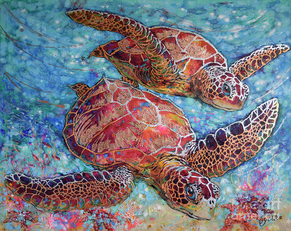 Green Sea Turtles Poster featuring the painting Grand Sea Turtles by Jyotika Shroff