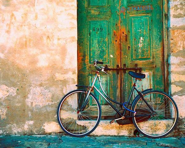Greece Poster featuring the photograph Green Door / Bicycle by Claude Taylor