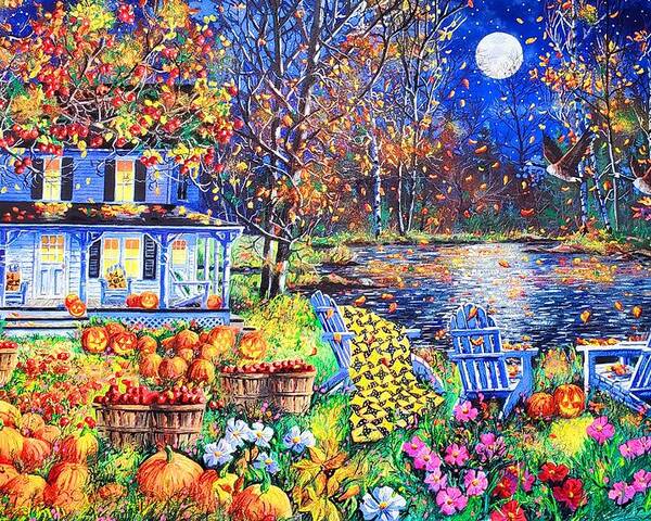 Harvest Moon Featuring A Full Moon On A Halloween Evening Poster featuring the painting Harvest Moon by Diane Phalen