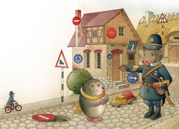 Hedgehog Traffic Street Signs Police Policeman Poster featuring the drawing Hedgehog by Kestutis Kasparavicius