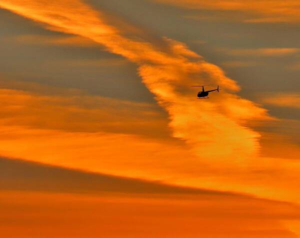 Helicopter Poster featuring the photograph Helicopter Approaching at Sunset by Linda Stern