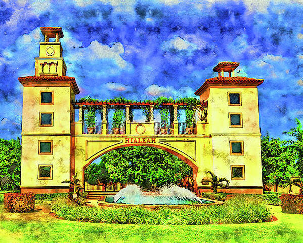 Hialeah Fountain Poster featuring the digital art Hialeah Fountain and Entrance Plaza Park - pen and watercolor by Nicko Prints