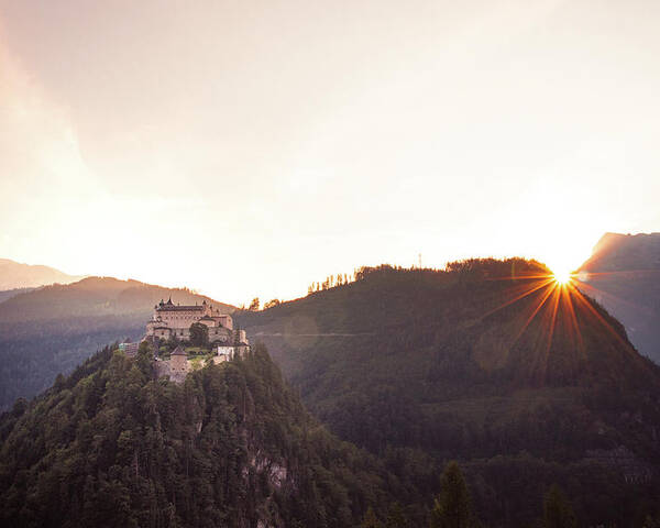 Reconstruction Poster featuring the photograph Hohenwerfen Castle at sunset by Vaclav Sonnek