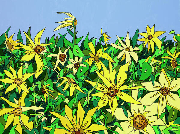 Sunflowers Long Island Summer Flowers Sun Poster featuring the painting In Northfork Gardens by Mike Stanko