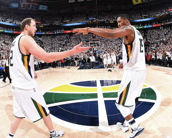 Joe Ingles Poster featuring the photograph Joe Ingles and Derrick Favors by Andrew D. Bernstein