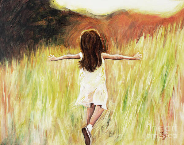 Joy Girl Running Field Sunshine Happy Joyful Peaceful Daughter Free Poster featuring the painting Joy by Pamela Schwartz