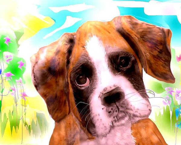 Pencil Sketched Boxer Puppy Resting After A Romp In The Meadow. Poster featuring the mixed media Just another Blossom. by Pamela Calhoun