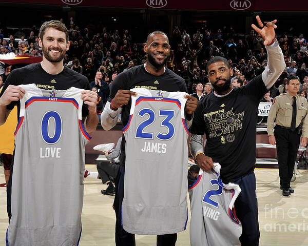 Nba Pro Basketball Poster featuring the photograph Kevin Love, Kyrie Irving, and Lebron James by David Liam Kyle