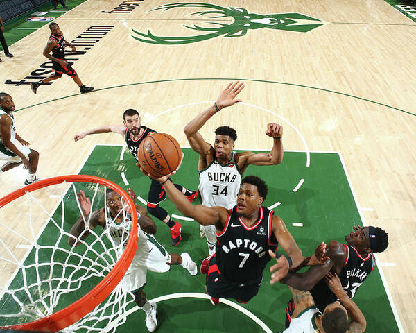 Playoffs Poster featuring the photograph Kyle Lowry and Giannis Antetokounmpo by Nathaniel S. Butler