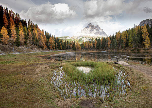 Lago Di Antorno Poster featuring the photograph Lago di antorno lake and Tre cime di lavadero mountain reflection in autumn. Forest landscape South tyrol Italy by Michalakis Ppalis