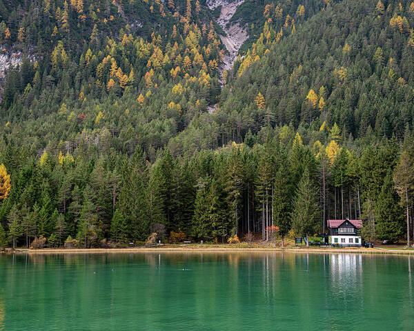 Italy Poster featuring the photograph House in the lake and forest. Lago di dobbiaco lake. Italian aps by Michalakis Ppalis