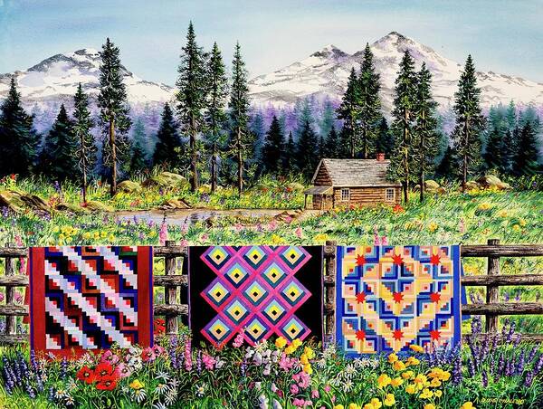 Mountains Poster featuring the painting Log Cabin Quilts by Diane Phalen