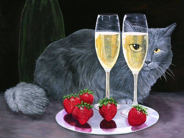 Karen Zuk Rosenblatt Poster featuring the painting Long Haired Gray Cat with Champagne and Strawberries by Karen Zuk Rosenblatt