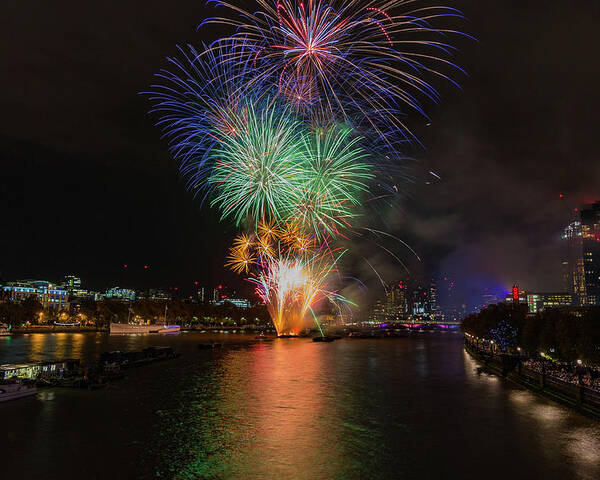 Thames Poster featuring the photograph Lord Mayor firework show in London by Andrew Lalchan