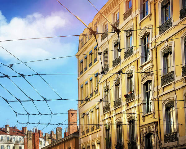 Lyon Poster featuring the photograph Lyon France Through a Web of Tram Lines by Carol Japp