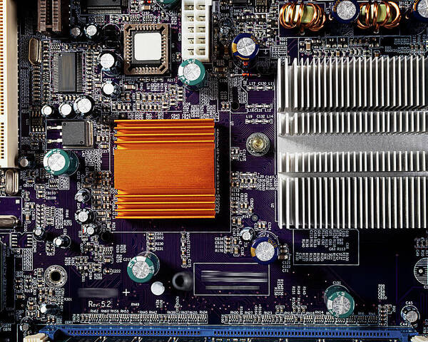 Computer Poster featuring the photograph Mainboard of a pc with electronic components. by Bernhard Schaffer