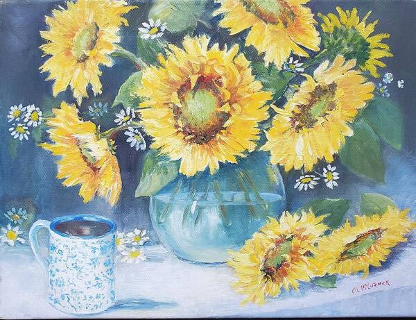 Sunflowers Autumn Coffee Harvest Poster featuring the painting Mama's Cup with Sunflowers by ML McCormick