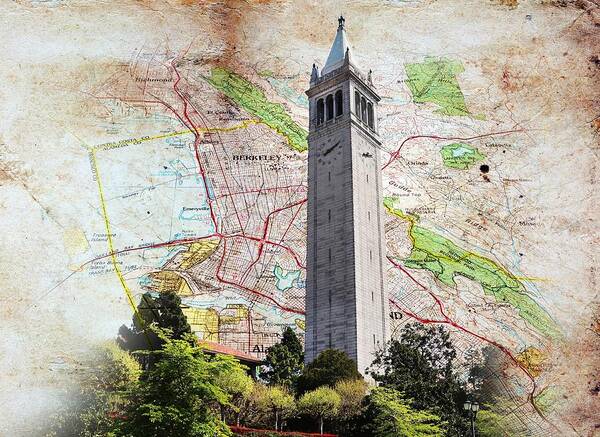 Berkeley Poster featuring the digital art Map of Berkeley, California, on old paper with the Sather Tower by Nicko Prints