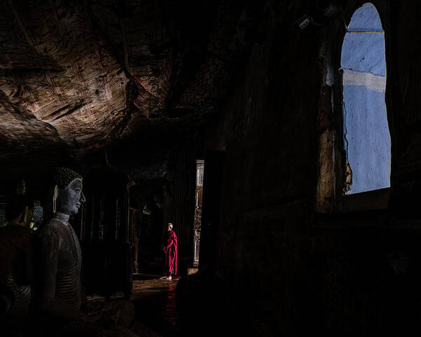 Cave Poster featuring the photograph Monk at Dambulla Cave Temple by Arj Munoz
