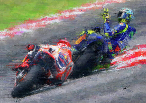Motorcycle Poster featuring the painting MOTO GP Rossi vs Marquez by Vart by Vart