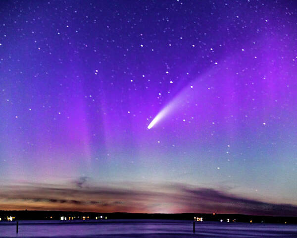 Neowise Comet Poster featuring the photograph NEOWISE COMET with a splash of Northern Lights by Joe Holley