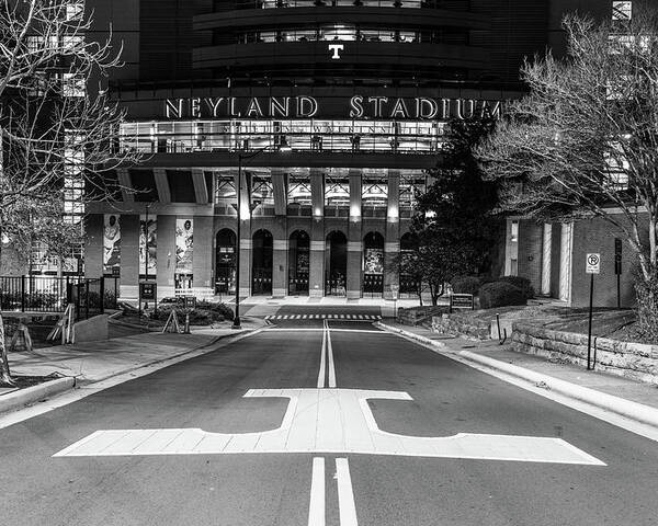 University Of Tennessee At Night Poster featuring the photograph Neyland Stadium at the University of Tennessee at night in black and white by Eldon McGraw