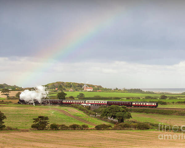 Weybourne Poster featuring the photograph Norfolk steam train with Weybourne windmill and rainbow by Simon Bratt