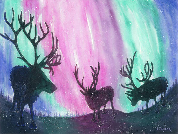 Reindeer Poster featuring the painting North Pole Nightlife by Lori Taylor