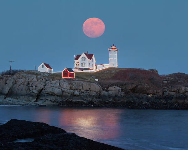 Cape Neddick Poster featuring the photograph Nubble Lighthouse lit for the season by Jeff Folger