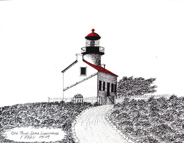 Lighthouse Drawings Poster featuring the drawing Old Point Loma Lighthouse Drawing by Frederic Kohli