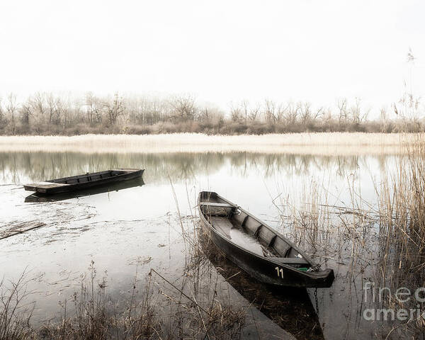 Abandoned Poster featuring the photograph Old Wooden Boats Anchored In Calm Mystic Lake by Andreas Berthold