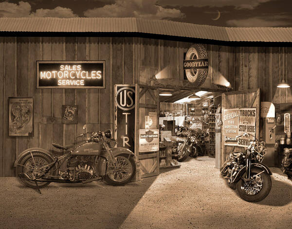 Motorcycle Poster featuring the photograph Outside The Old Motorcycle Shop - Spia by Mike McGlothlen