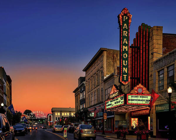 Night Poster featuring the photograph Paramount Theater at Sunset by Shelia Hunt
