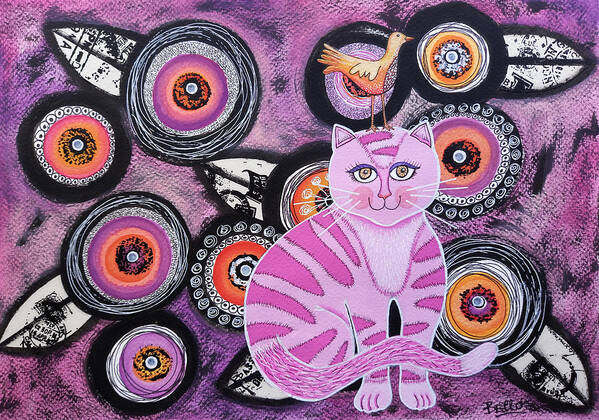 Cat Poster featuring the painting Pink kitten with flowers by Graciela Bello