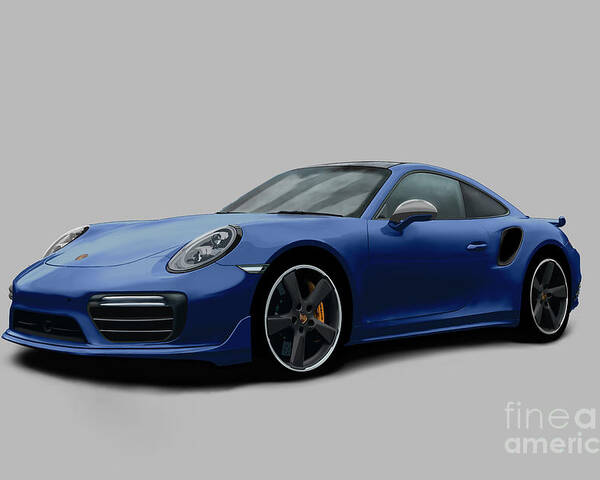 Hand Drawn Poster featuring the digital art Porsche 911 991 Turbo S Digitally Drawn - Dark Blue by Moospeed Art