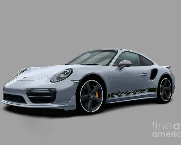 Hand Drawn Poster featuring the digital art Porsche 911 991 Turbo S Digitally Drawn - Grey with side decals script by Moospeed Art