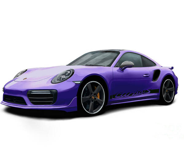 Hand Drawn Poster featuring the digital art Porsche 911 991 Turbo S Digitally Drawn - Purple with side decals script by Moospeed Art
