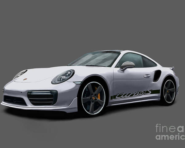 Hand Drawn Poster featuring the digital art Porsche 911 991 Turbo S Digitally Drawn - Silver with side decals script by Moospeed Art