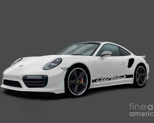 Hand Drawn Poster featuring the digital art Porsche 911 991 Turbo S Digitally Drawn - White with side decals script by Moospeed Art