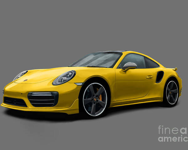 Hand Drawn Poster featuring the digital art Porsche 911 991 Turbo S Digitally Drawn - Yellow by Moospeed Art