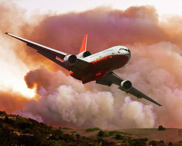 Mcdonnell Douglas Dc-10 Firefighting Aircraft Poster featuring the mixed media Pulling Up and Away from the Wildfire by Erik Simonsen