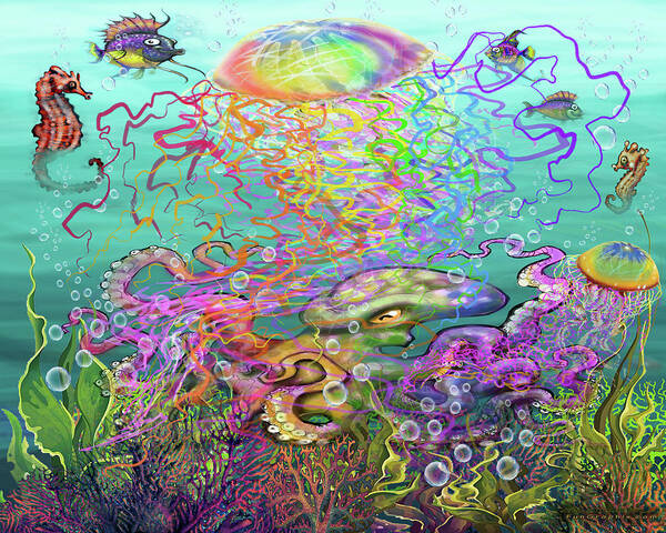 Rainbow Poster featuring the digital art Rainbow Jellyfish and Friends by Kevin Middleton