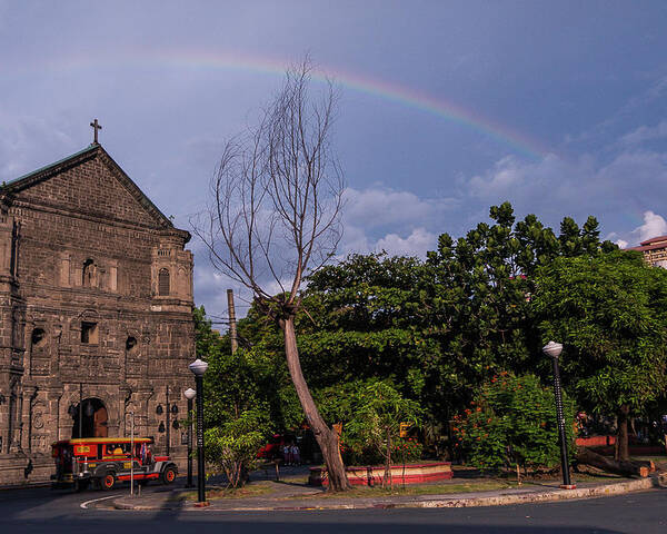 Rainbow Poster featuring the photograph Rainbow over Malate Church by Arj Munoz