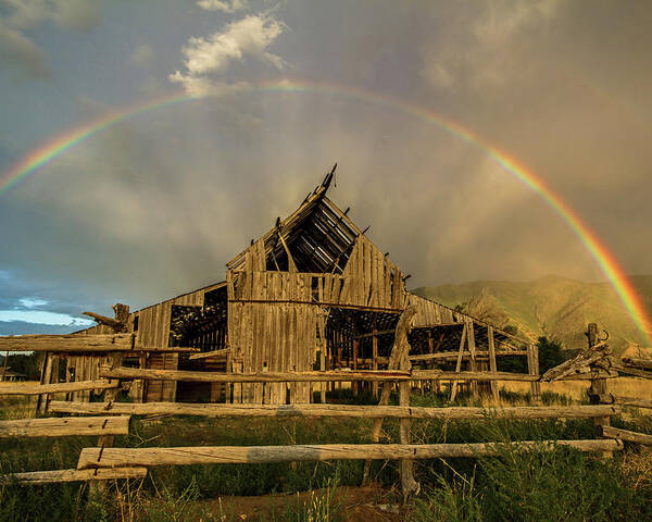 Barn Poster featuring the photograph Rainbow over Mapleton Barn by Wesley Aston