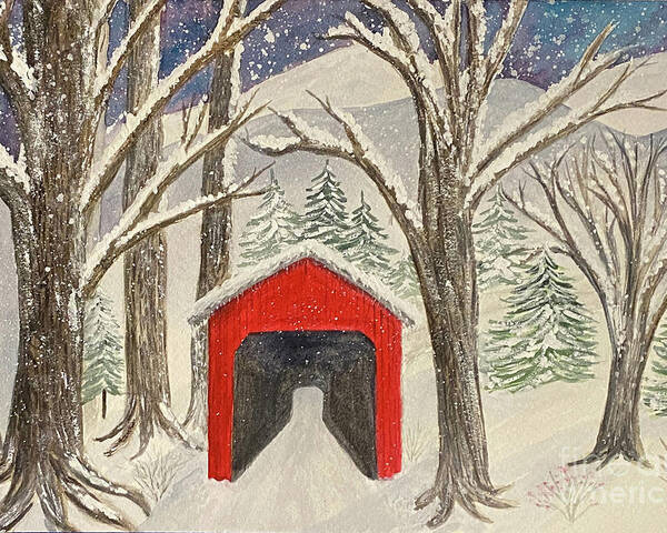 Covered Bridge Poster featuring the painting Red Bridge in the Snow by Lisa Neuman