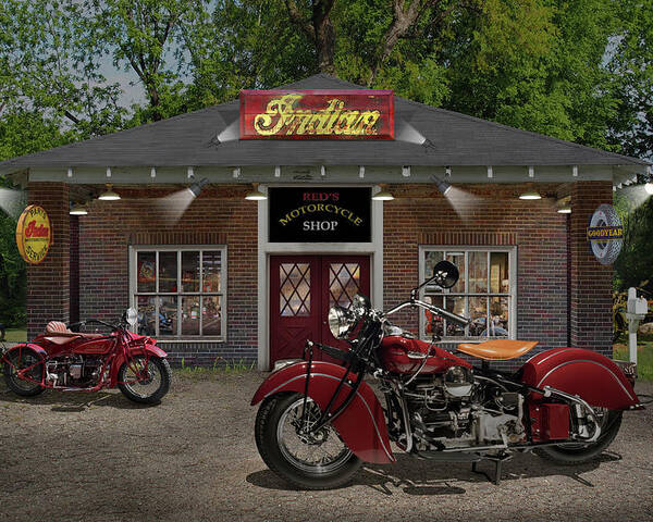 Indian Motorcycles Poster featuring the photograph Reds Motorcycle Shop C by Mike McGlothlen
