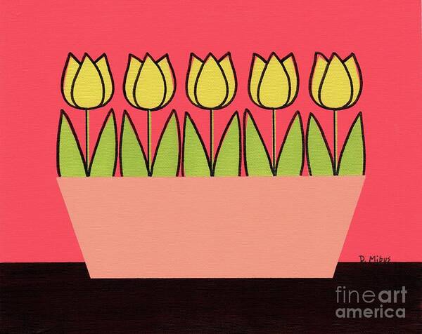 Mid Century Yellow Tulips Poster featuring the painting Retro Tabletop Flowers Tulips by Donna Mibus