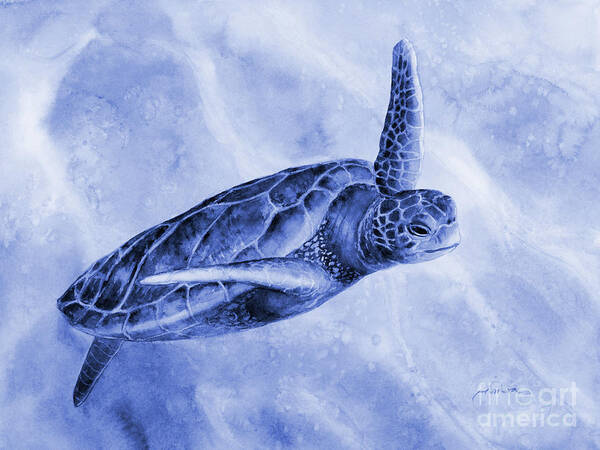 Mono Poster featuring the painting Sea Turtle 2 in Blue by Hailey E Herrera
