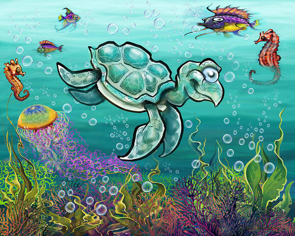 Sea Turtle Poster featuring the digital art Sea Turtle and Friends by Kevin Middleton